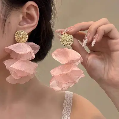 Chiffon Petal Earrings Vintage White Women's Style - 7