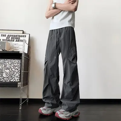 Men's Pleated Parachute Trousers, Wide Leg, Summer