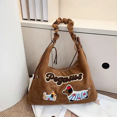 Suede Dachshund Appliqué Retro Preppy Single-Shoulder Bag for Women - 8