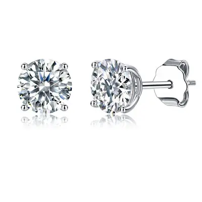 Cross-border S925 Sterling Silver Moissanite Four-Claw Round Stud Earrings, Light Luxury Ear Jewelry, Versatile Silver Jewelry for Europe and America, Factory Wholesale