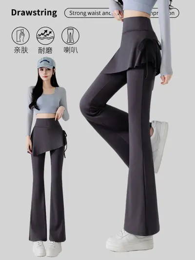Women's Flare Pants, Fake Two-Piece Drawstring Yoga Leggings, High Waist Butt-Lifting - 3