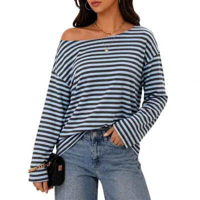 Women's Round Neck Striped Color-Block Long Sleeve T-Shirt