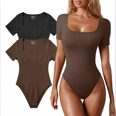 Kadın Kare Yaka Kısa Kollu Fitilli Dar Tulum, Yaz Modeli