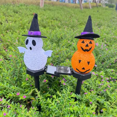 Solar Pumpkin Light with Cute Ghost Design, Halloween Ground Lamp