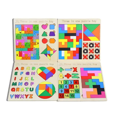 Wooden Educational Puzzle for Kids, Geometric Shapes, Numbers and Letters - 1