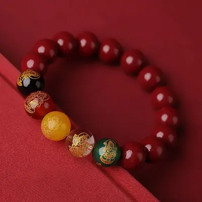 Zhu Sha Wu Lu Cai Shen Bracelet, Purple Gold Sand Buddha Beads, Red Rope