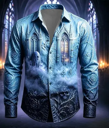 2026 Halloween Castle Crow Retro Design Long Sleeve Men's Shirt - 10
