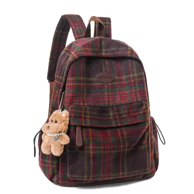 Retro Wool Plaid Women's Backpack for High School and University Students - 7