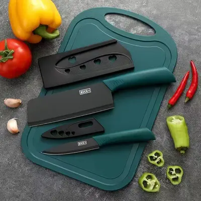 Wholesale black steel blade outdoor portable stainless steel vegetable slicing meat fruit knife kitchen chopping board knife set