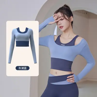 Damen Langarm Yoga Sportoberteil, Fitted Fake-Zweiteil - 8
