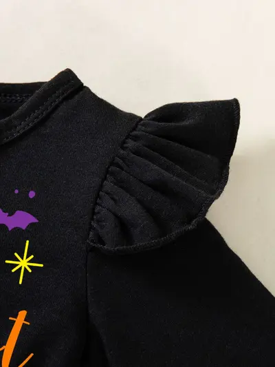 Halloween Girls Dress with Flying Sleeves, Black and Purple Knit Ghost Bat Print