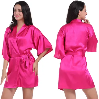 Amazon Grenzüberschreitender Damen-Satinmorgenmantel gedreht, einfarbig glänzend, Sommer dünn, sexy, kurze Strickjacke, Bademantel - 13