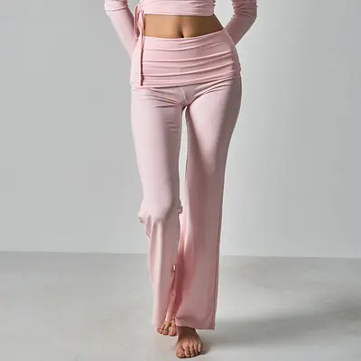 High-Waist Cotton Jersey Yoga Leggings and Pants, Slim-Fit Stretch Flared Trousers - 8