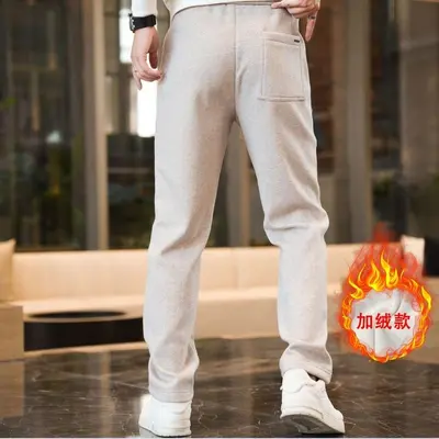 Winter Wool Blend Fleece-Lined Men's Trousers, Loose Straight Leg - 11