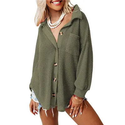 Women's Loose Waffle Knit Shirt for Autumn Winter, Casual and Office Wear - 9