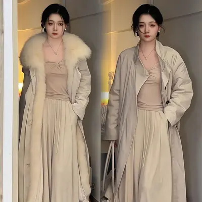 Kadın Kış Diz Altı Parka, Polar Astarlı, Çıkarılabilir Kürk Yakalı - 8