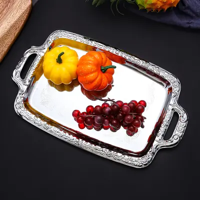 Stainless Steel Rectangular Serving Tray, Silver Rim