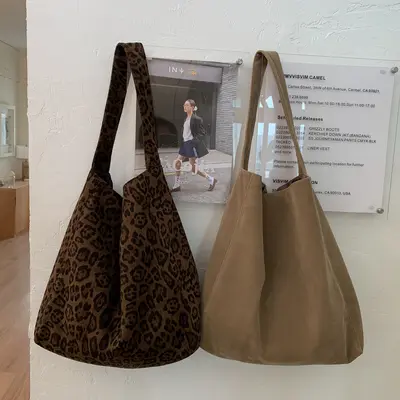 Women's Autumn Woollen Fabric Tote Bag with Single Shoulder Strap - 3