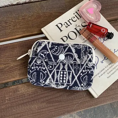 Card holder, coin purse and earphone storage bag, cotton-linen, embroidered - 8