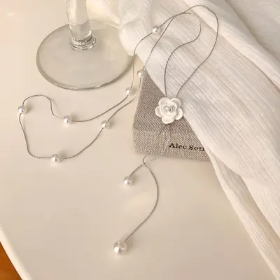Camellia pearl pendant necklace, elegant long women's accessory - 5