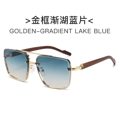 Square metal double-bridge sunglasses with wood-grain temples - 10