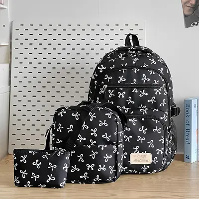 Bow Detail Large-Capacity Student Backpack Three-Piece Set - 10