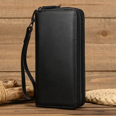 Men's Crazy Horse Leather Long Wallet with Zipper, Double-Layer Cowhide - 11