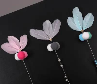 Feather Wire Cat Teaser Wand with Fur Ball and Bell, Long Pole - 10