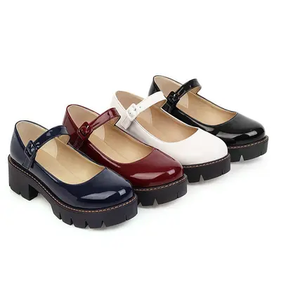 Thick-Soled Mary Jane Women's Shoes, Single Strap, Patent Leather, Buckle