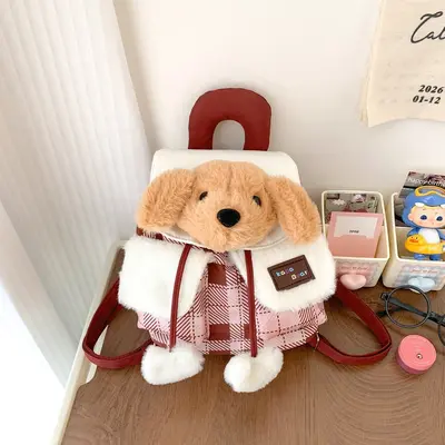 Plush Puppy Head Mini Backpack with Plaid Pattern for Girls - 9