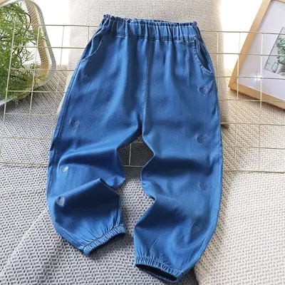 Tencel Denim Kids Trousers with Embroidered Heart, Anti-Mosquito, Medium to Large Sizes