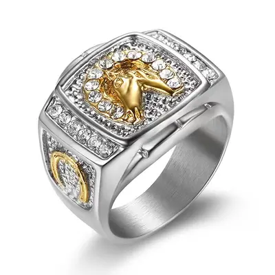 Hip-Hop Men's Ring, Titanium Steel, Gold-Plated, Diamond Horse Head