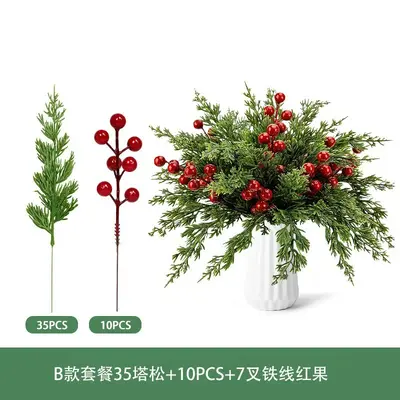 Christmas Pine Needle Decoration Set with Red Berries and Artificial Aquatic Plants - 8