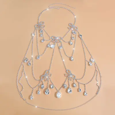 Multi-Layer Bow Full Rhinestone Bikini Chest Chain, Body Chain