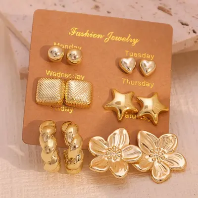 6pcs European and American Cross-border New Fashion Simple Creative Personality C-shaped Water Drop C-shaped Beaded Earrings Geometric Hollow