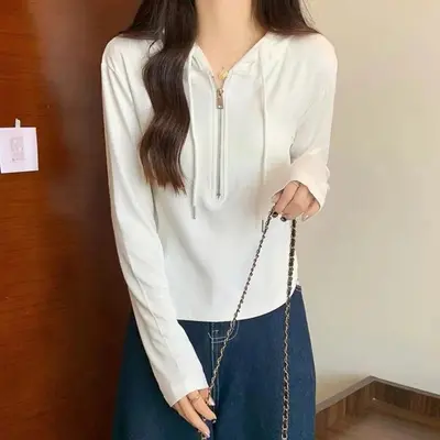 Women's Velvet Thickened Hooded Zip Sweater, Long Sleeve, Autumn Winter
