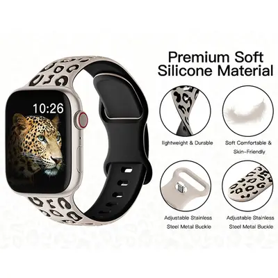Apple Watch S11 ile uyumlu silikon kordon, leopar desenli
