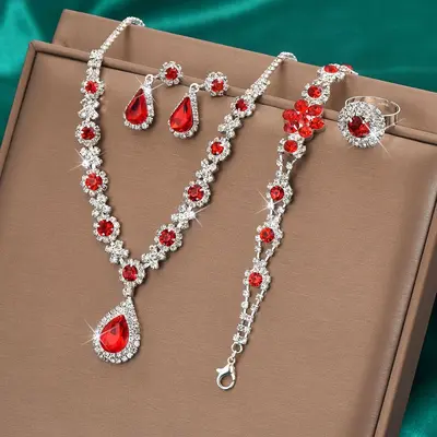 Moda Avrupa Amerika Yeni Koleksiyon Lüks Kristal Mücevher Kadın Su Damlası Kolye Küpe Bileklik Yüzük Seti - 8