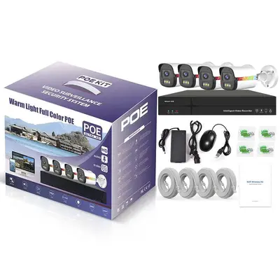 POE Ağ Beyaz Işık Tam Renkli Gece Görüş Gözetleme Kamera Seti HD Kamera CCTV İzleme Sistemi