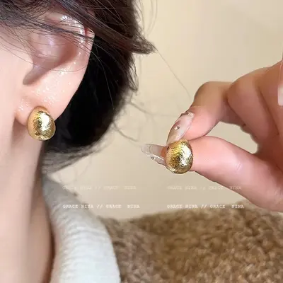 轻奢高级感金属亮面圆球耳环耳扣女气质方圆脸显瘦耳圈复古耳饰 - 10