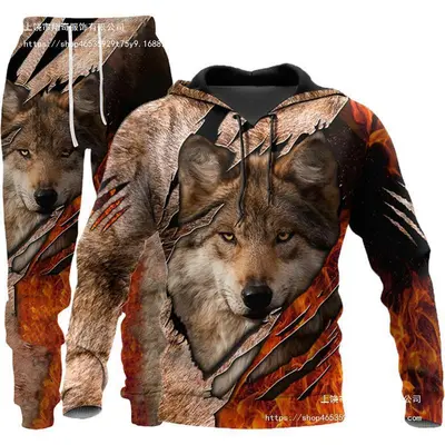 3D kurt baskılı kapüşonlu sweatshirt, erkek takım - 5