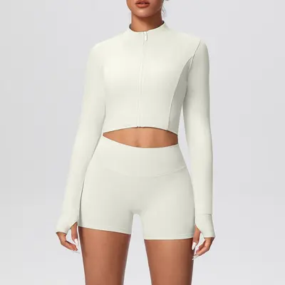 Solid Color Two-Piece Short Jacket Set, Tight-Fit Yoga and Running Wear - 11