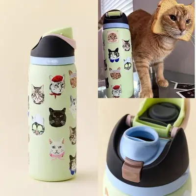 304 Paslanmaz Çelik Termos Bardak, Pipetli Çift İçim, Taşıma Kulplu, Büyük Kapasiteli