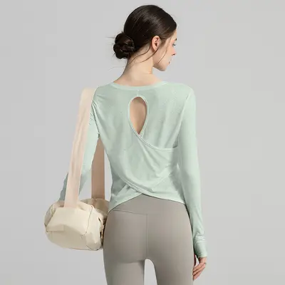 Women's Long Sleeve Thin Open-Back Yoga Top Pilates Tunic - 6