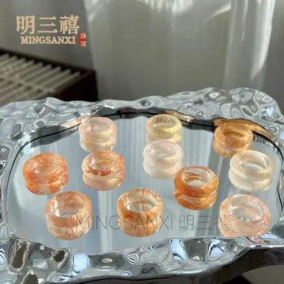 天然高冰马料白玉髓戒圈香槟金玛瑙戒指冰透粉玉石指环天空蓝戒指 - 12