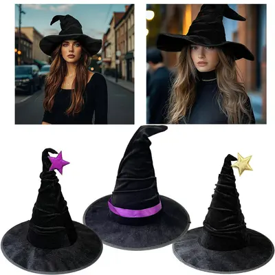 Halloween Hexenhut Schwarzer Samthut Hexen-Kopfschmuck Zauberer-Kopfschmuck Hexenmütze Zauberer-Hut Partyhut Kopfschmuck
