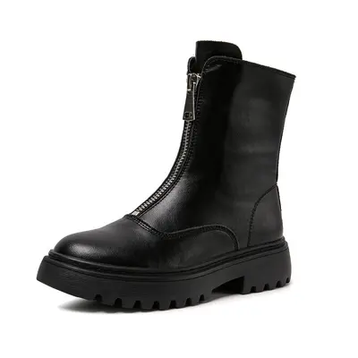 Women's Genuine Leather Mid-Calf Boots, Thick Sole, Front Zipper - 7
