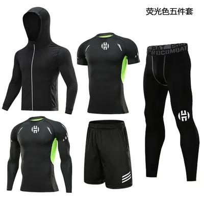 Erkek Spor Takımı 5'li Set, Hızlı Kuruyan Kısa Kollu Fitness Kıyafeti
