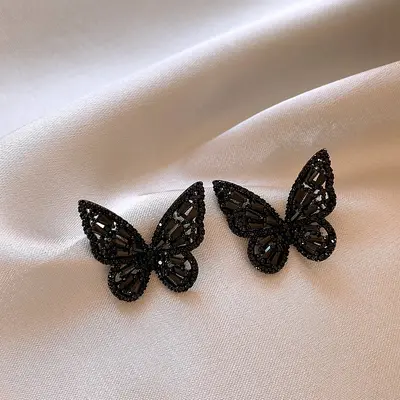 Silver heart butterfly earrings, black zircon, vintage - 12