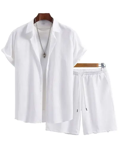 Men's Short-Sleeve Shirt and Shorts Set, Solid Color, Summer - 9